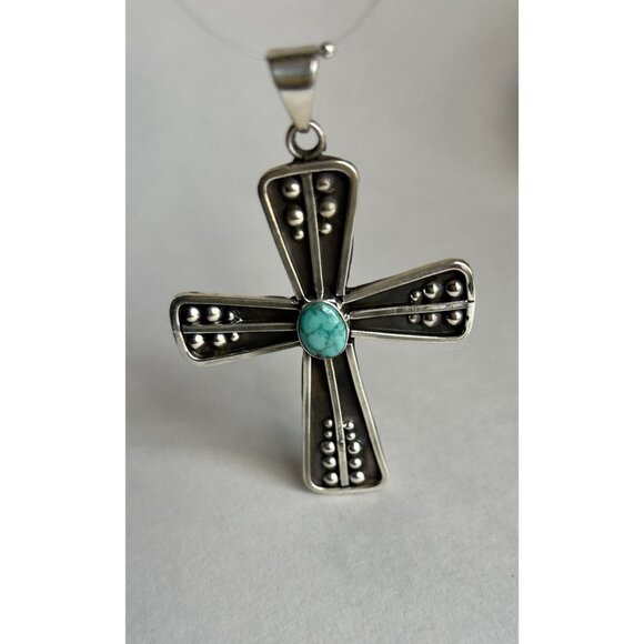 925 Sterling Silver Oxidized & Turquoise Cross Pendant - Picture 9 of 16
